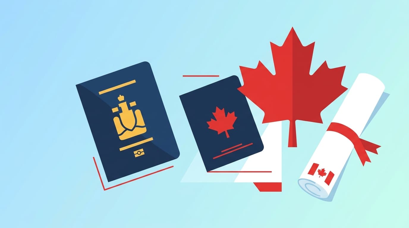 Ilustración de la ciudadanía canadiense con un pasaporte, una hoja de arce y un certificado.