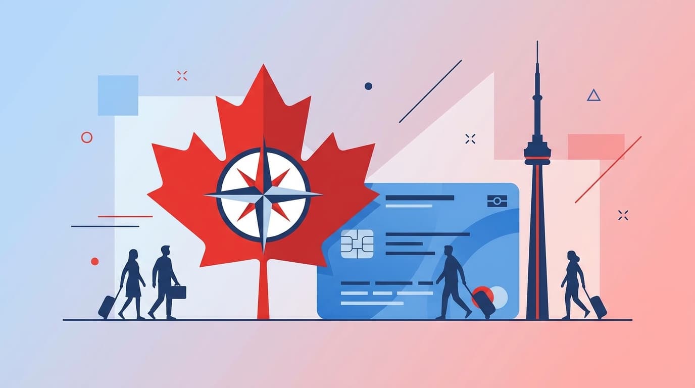 Ilustración de Express Entry de Canadá con una hoja de arce, una tarjeta de PR y la Torre CN.